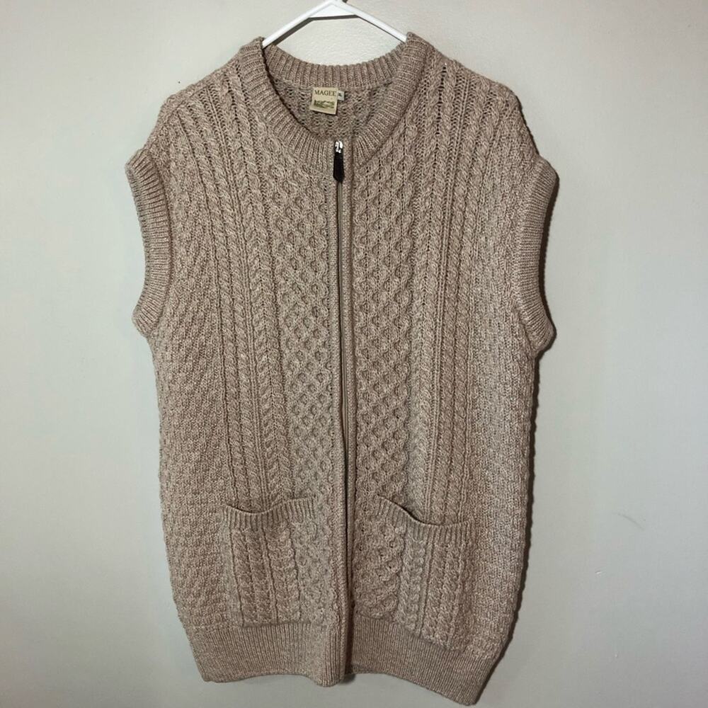 Magee Irish cable knit merino wool womens XL zippered cardigan vest fisherman